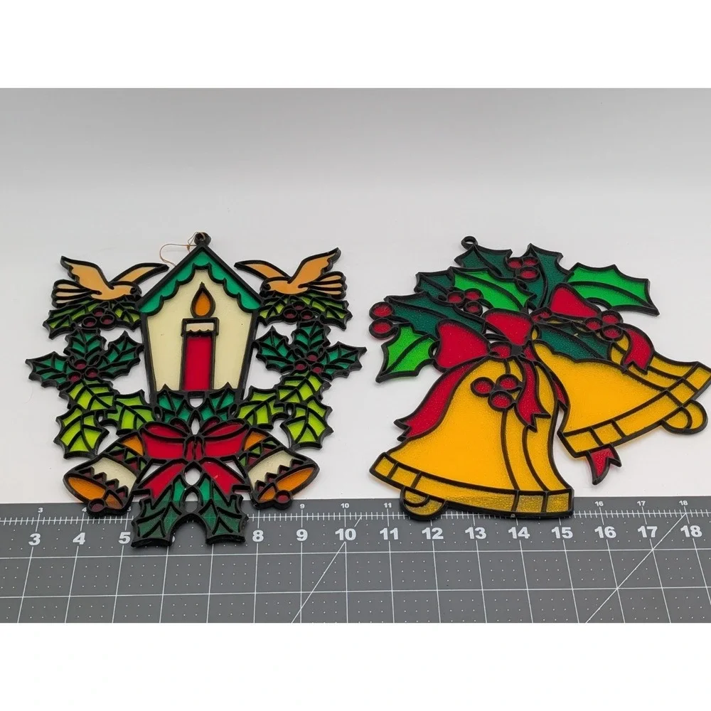 Plastic‎ Christmas Stained Window Hanging 11 Inch Candle Doves Bells Holly